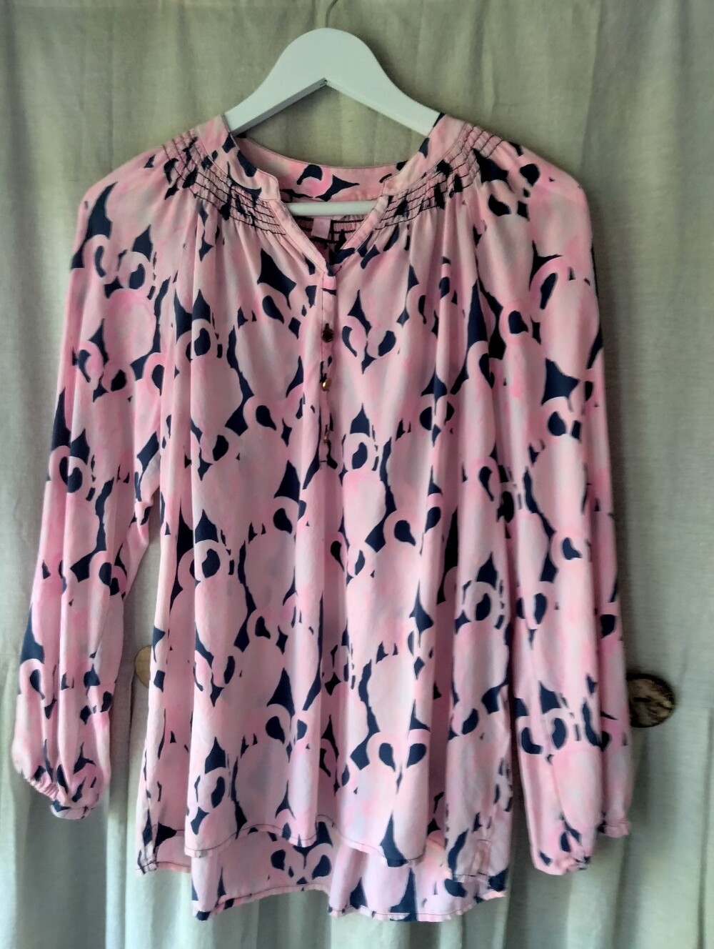 Women’s  Silk Pink Flamingo  Patterned Long-Sleeve Blouse